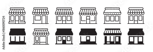 Business storefront line and filled icon collection depicting diverse commercial retail premises structures