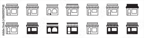 Storefront line art icon set with different awning and door window styles for retail