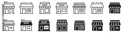 Set of shop icons in outline and solid style showing different storefront designs