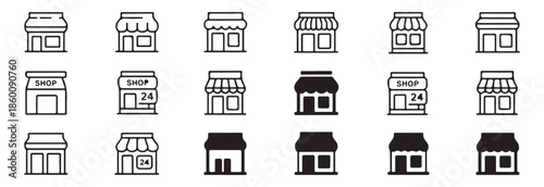 Compilation of storefront icons with varying designs in line and filled styles