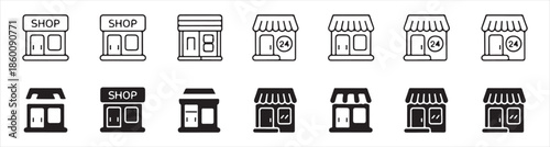Variety of shop icons in line and filled versions representing different retail outlets