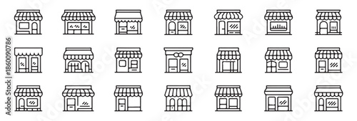 Set of simple black outline icons representing various storefronts and small business shops