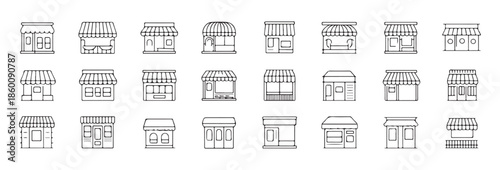 Series of line drawing icons representing various commercial storefronts including shops cafes and market kiosks