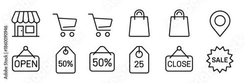 Collection of retail icons featuring stores, carts, bags, map pins, and sale tags.