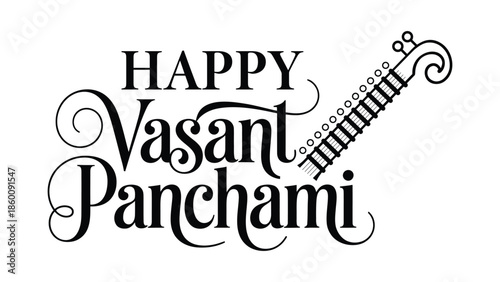 Happy vasant panchami elegant calligraphy typography with veena symbol celebrating hindu spring festival in india
