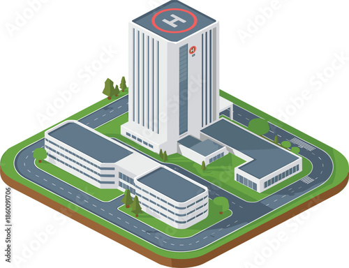 Isometric hospital building vector, modern medical center exterior with helipad, emergency entrance, and ambulance access roads