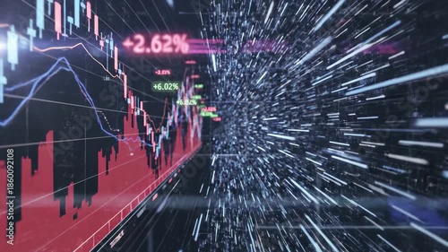Digital stock market data analysis with candlestick chart and fast moving abstract background, 4k