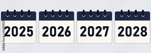 Calendar Year Icons 2025 2026 2027 2028 Flat Design Set. Multi Year Calendar Icons Set 2025 to 2028 Modern Flat Planner Illustration. New Year 2025 2026 2027 2028 logo design template set with numbers
