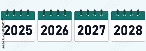 Calendar Year Icons 2025 2026 2027 2028 Flat Design Set. Multi Year Calendar Icons Set 2025 to 2028 Modern Flat Planner Illustration. New Year 2025 2026 2027 2028 logo design template set with numbers