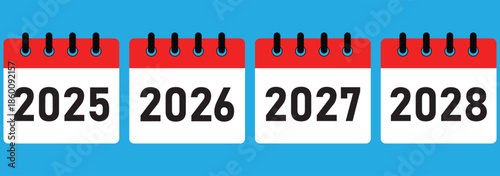 Calendar Year Icons 2025 2026 2027 2028 Flat Design Set. Multi Year Calendar Icons Set 2025 to 2028 Modern Flat Planner Illustration. New Year 2025 2026 2027 2028 logo design template set with numbers