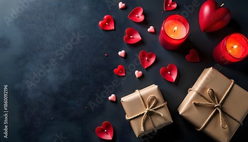Love Theme Flat Lay Featuring Valentine Hearts, Candles, and Gifts