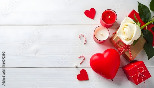 Romantic Flat Lay with Candles, Red Hearts, Rose, and Gifts on White Table