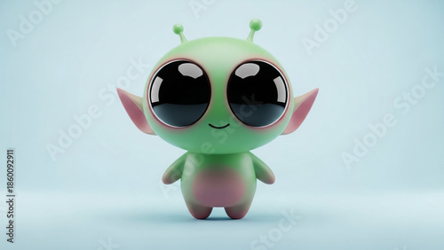 Cute Green Alien Character with Large Eyes 3D Illustration