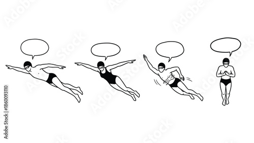 Black and white line art illustration of four swimmers in various poses with speech bubbles