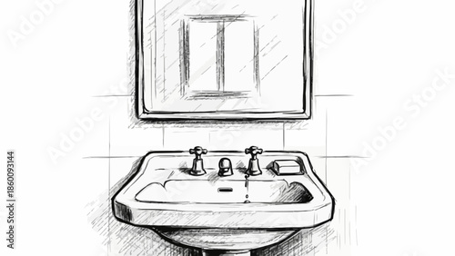Hand drawn illustration of a bathroom sink with a mirror above.