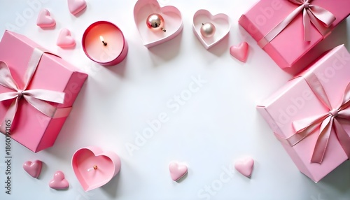 Romantic Gift and Candle Arrangement with Heart Decorations, Top View