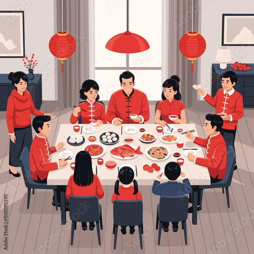 Lunar new year of a large family reunion dinner in a modern interior, featuring festive food and traditional red lanterns.