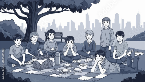 Group of young boys enjoying a picnic in the park together.