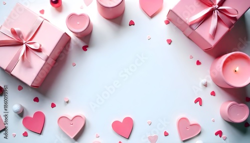 Romantic Tabletop Scene with Pink Candles, Hearts, and Gift Boxes