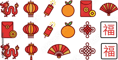 vibrant 2026 chinese new year line icon set lunear new year celebratory symobole for year of hores  including  red lanter, gold ingots firecackers and  envelope for spring fastival design
