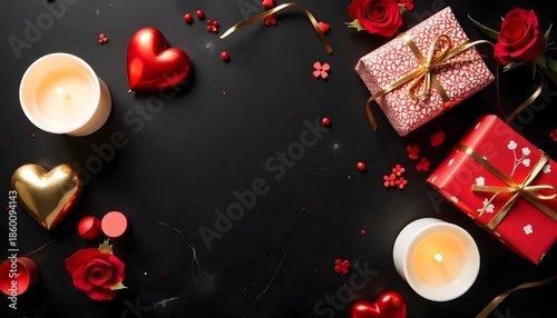 Romantic Valentine’s Day Background with Hearts, Candles, and Gift Boxes