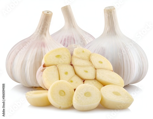 Three garlic bulbs with a partially sliced one revealing cloves