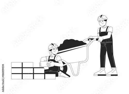 Children performing construction work in harsh conditions 2D line characters. Tired kids workers pushing wheelbarrow, laying bricks isolated vector ink outline people. Monochromatic spot illustration