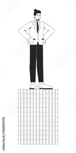 Proud businessman standing on stack of coins 2D line character. Rich elite. High status. Economic class. Rich corporate man isolated vector ink outline person. Monochromatic spot illustration