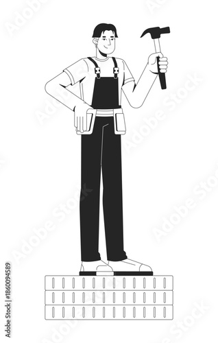 Proud manual worker standing on earnings 2D line character. Korean labourer with hammer. Asian repairman blue collar atop coins isolated vector ink outline person. Monochromatic spot illustration