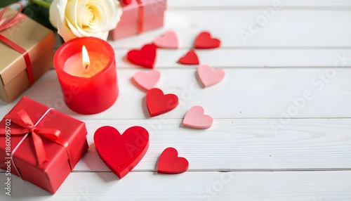 Valentine’s Day Composition with Red Hearts, White Rose, and Gift Boxes