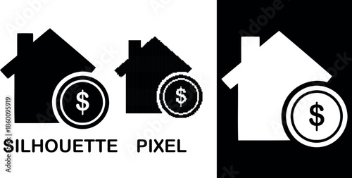 House silhouette pixel with a dollar sign representing real estate and finance