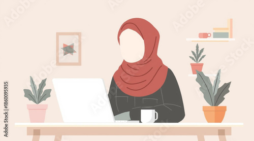 Muslim Working From Home During Ramadan Flat Lifestyle Vector