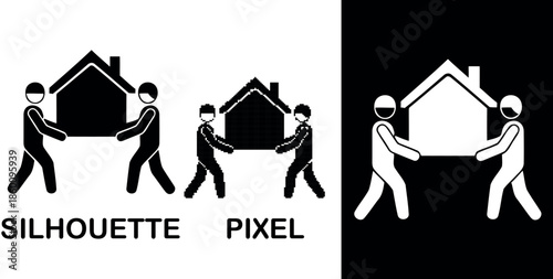 Two figures collaboratively carrying a house silhouette pixel a vector icon