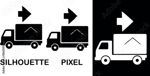 Moving truck icon with house and arrow representing relocation services silhouette pixel vector icon