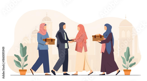 Community Charity & Sharing Food During Ramadan Flat Lifestyle Vector