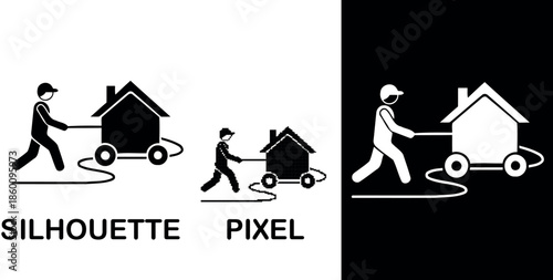 Silhouette pixel of a person towing a house on wheels along a path