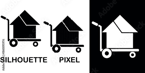 A silhouette pixel of a house being moved on a hand truck dolly