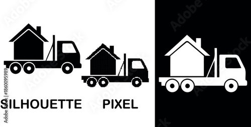 A flatbed truck carries a house silhouette pixel in a vector graphic design