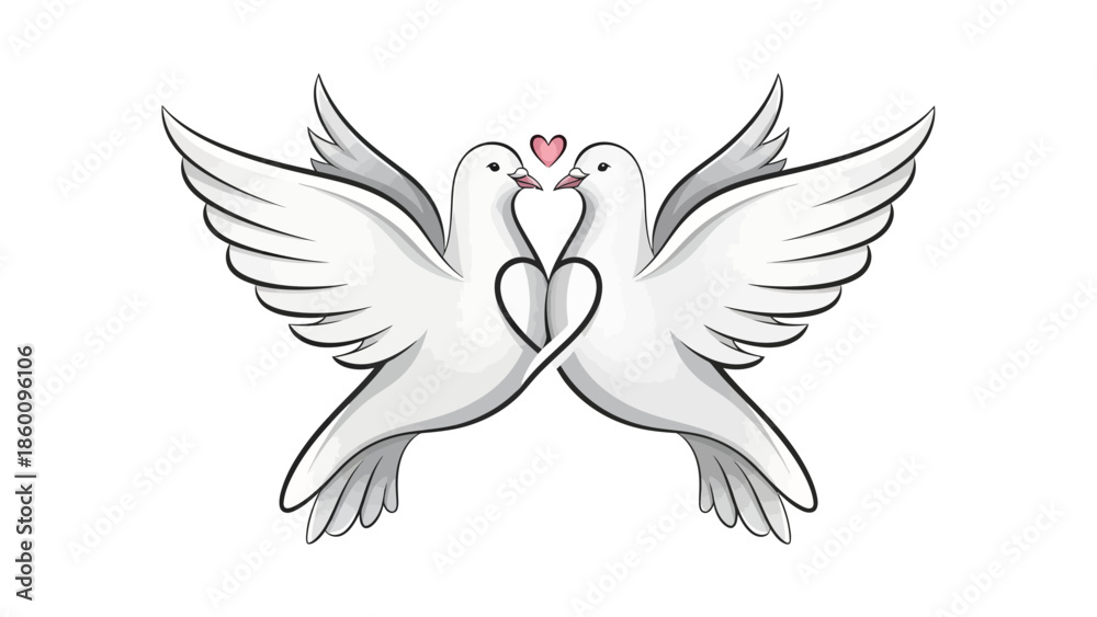 Obraz premium Two white doves forming heart shape with wings and beaks lovingly