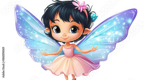 A cute, dark-haired cartoon fairy with sparkling blue and purple wings and a pink dress smiles sweetly, standing on a black background.