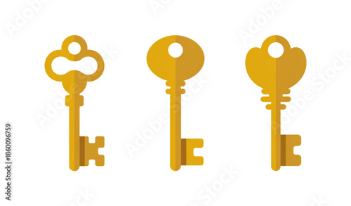 Golden antique keys set with decorative heads isolated on white background retro vector illustration