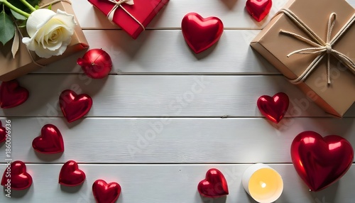 Valentine’s Flat Lay with Red Hearts, Candles, White Rose, and Gifts