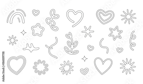Hand drawn doodle shapes set with hearts stars flowers and abstract elements isolated on white background vector