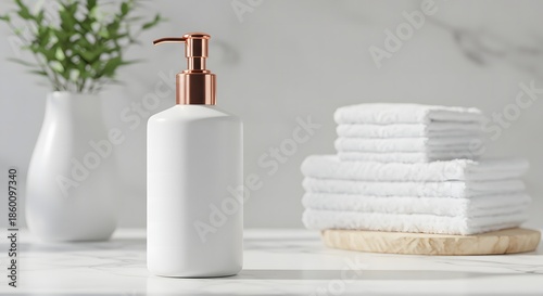 Minimalist bathroom scene featuring a white soap dispenser folded towels and a plant