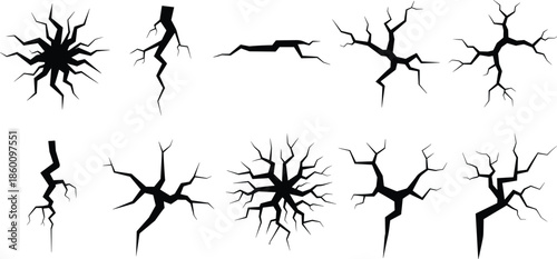crack shapes silhouette set, broken ground texture collection, earthquake fracture lines, damaged surface design, abstract destruction background