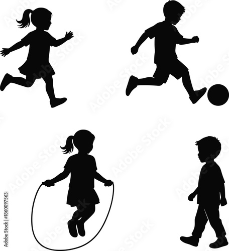 Children silhouette playing, kids running jumping skipping rope, active childhood playtime, black cutout figures, healthy lifestyle concept, isolated white background