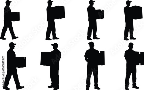 delivery man silhouette collection, courier carrying boxes poses, logistics worker icons, moving and shipping service, transport concept illustration