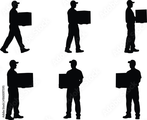 delivery man silhouette set, courier carrying box poses, logistics worker icons, moving service concept, shipping and transport illustrations