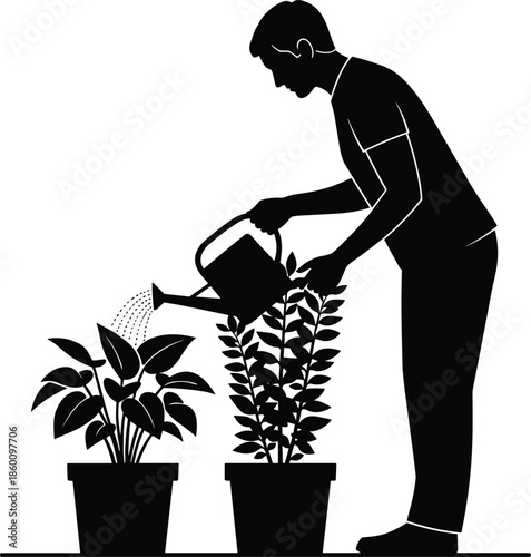 man watering houseplants silhouette, indoor gardening activity, plant care routine, home hobby illustration, green lifestyle concept design