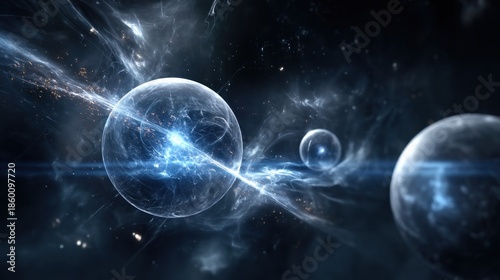 Scifi holographic orbs orbiting in space digital art cosmic environment gigapixel viewpoint futuristic concept